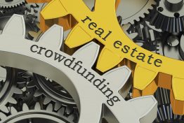 real estate crowdfunding concept on the gearwheels, 3D rendering